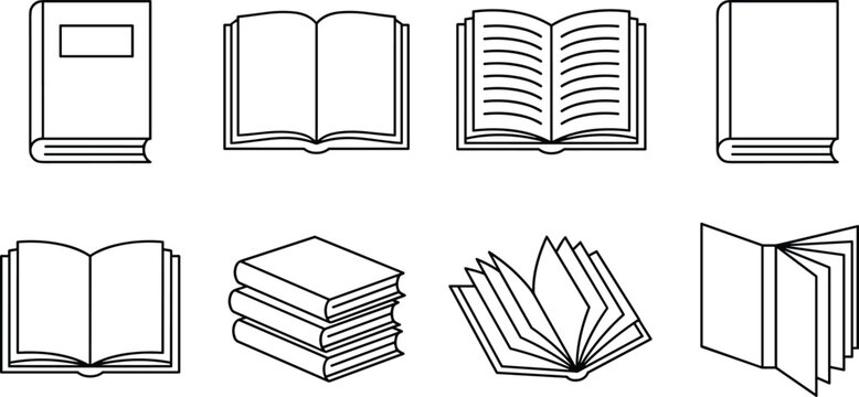 Set of eight black and white book illustrations showing open, closed, and stacked books from different angles and perspectives