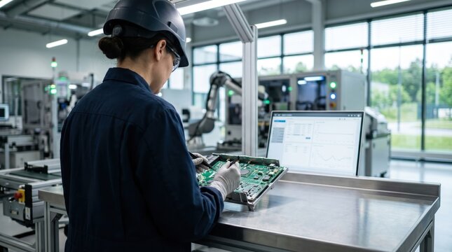 Engineer assembling electronic circuit board components in high tech factory facility