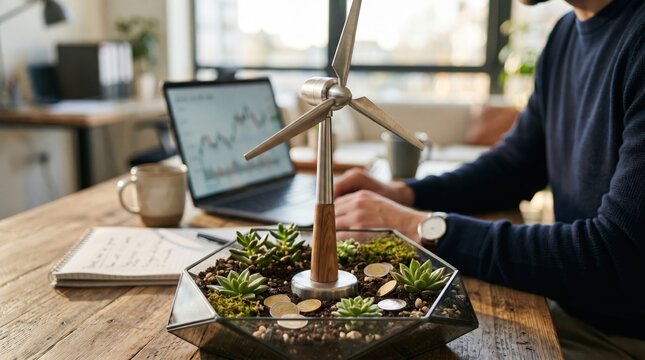 Small wind turbine model in terrarium representing green energy investment and sustainability