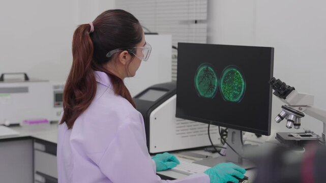 Laboratory quality control testing by food scientists and microbiologists involves analyzing vegetable samples using microscopes and clipboards, while laboratory technicians use them.