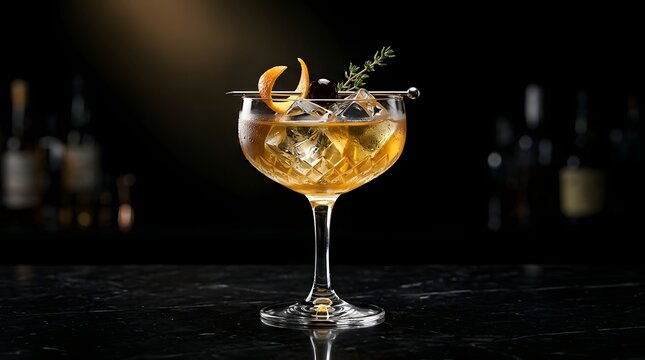 Expertly Crafted Cocktail in Elegant Glass, Modern Bar Setting, High-Quality Photography, Dark Background, Close-Up Perspective