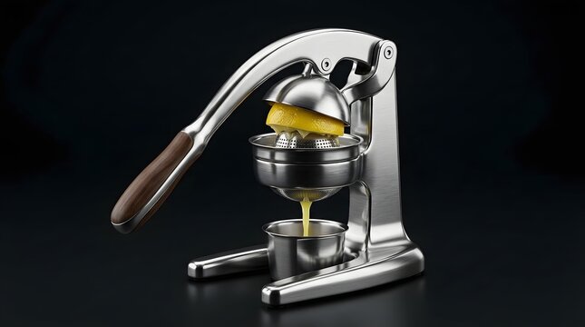 Juicing Action with a Metal Lemon Squeezer in a Modern Kitchen Environment, High-Quality Product Photography