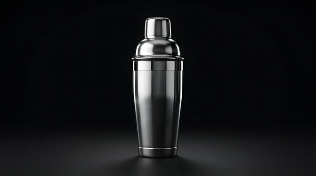Cocktail Shaking Action, Stainless Steel Shaker, Studio Setup, Product Photography, Dark Background, Front View, Beverage Mixing Concept
