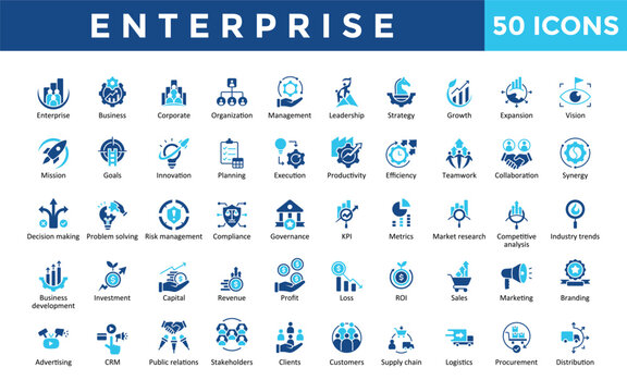 Enterprise icons set with enterprise, business, corporate, organization, management, leadership, strategy, growth, expansion, vision icon. Simple flat vector 
