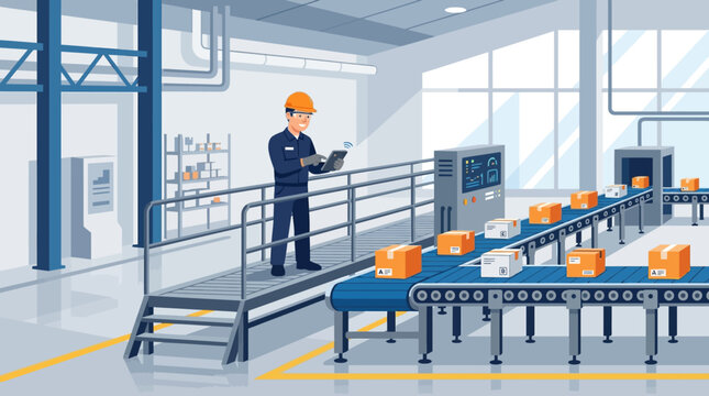 Factory worker on platform overseeing automated conveyor belt with boxes, industrial production.