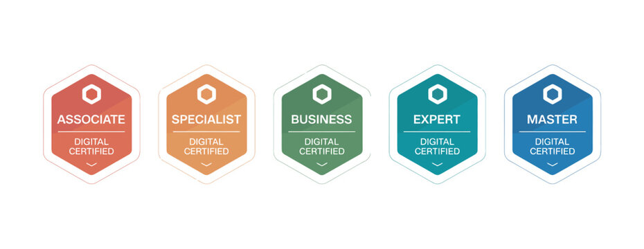 Five colorful hexagonal badges for digital certification levels: Associate to Master