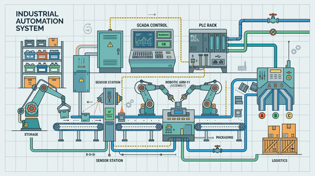 Industrial Automation System: Robotics, PLC, SCADA, Conveyor, Factory
