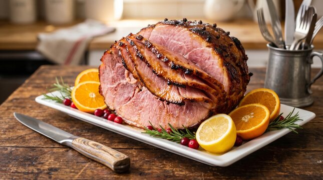 Honey glazed spiral sliced ham, roasted holiday pork dinner with orange slices and cloves, festive Christmas ham on rustic wooden table