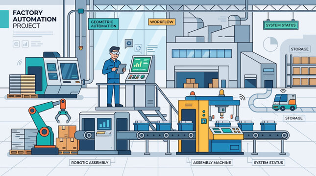 Modern Factory Automation Project with Robot Arm, Assembly Line & Worker