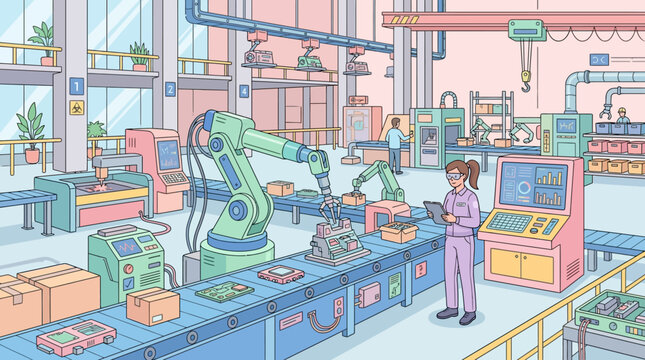 Modern factory with robotic arms and assembly line, future technology concept