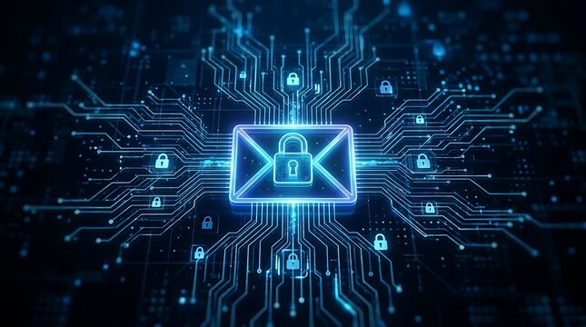 Secure email communication represented by a glowing envelope with a padlock symbol on a digital circuit board background with multiple lock icons.
