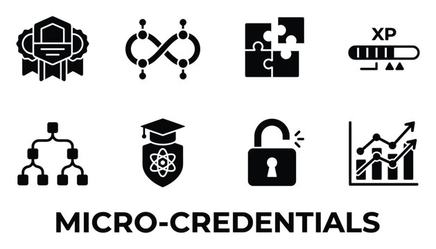 Micro credentialing icons representing digital badges, pathways, puzzles, and progress over time.