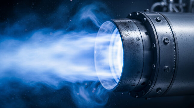 Jet engine nozzle emitting vibrant blue flame and smoke against a dark background, showcasing propulsion and advanced technology.