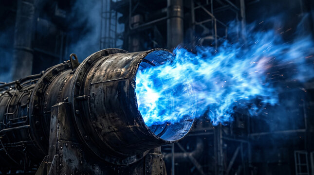 Powerful jet engine with blue flames roaring from its exhaust in a dark, industrial setting, illustrating immense force and heat.