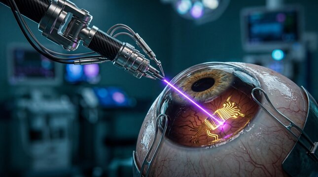 Robotic eye surgery implanting glowing bionic micro-circuit retinal chip in human eye