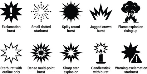 Set of black explosion shapes vector illustration for comics design isolated on transparent background images. © Emongrapic