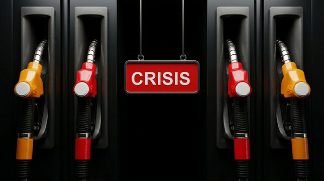 Gas station pump handles lined up with a red sign showing the word crisis hanging in the middle indicating fuel shortage problems and supply chain issues within global energy markets now.