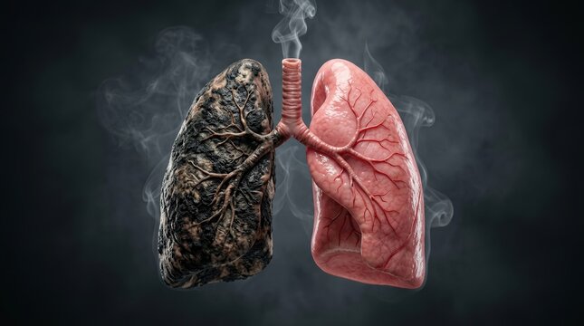 The stark difference of blackened tar-filled lungs and healthy pink lungs.