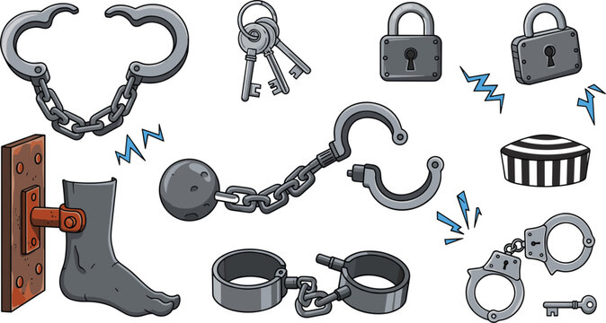 Prison restraint and criminal punishment vector element set featuring handcuffs, metal chains, locks, jail keys, prisoner hat, shackles, and heavy ball with chain.