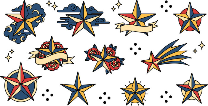 Vintage traditional old school tattoo flash vector element set featuring nautical stars retro ribbon banners dark clouds shooting stars and red roses.
