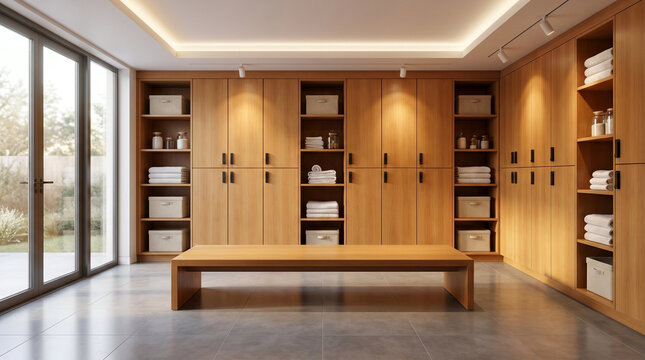 Modern spa locker room interior with wood lockers benches and natural light from large windows elegant design for relaxation and wellness.