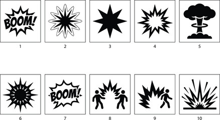 Vector collection of comic book style explosion icons and blast symbols isolated on transparent background. © Emongrapic