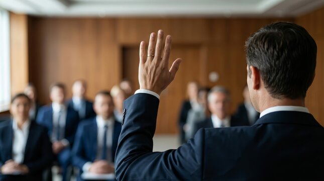 Participants at an annual general meeting voting for corporate transparency.