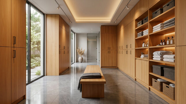 Luxurious spa locker room with polished wood lockers and benches illuminated by soft overhead lighting creating serene atmosphere.