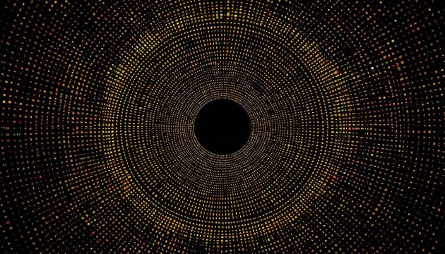 A mesmerizing abstract design featuring a black circle surrounded by concentric circles of small yellow and orange dots on a dark background