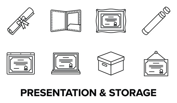 Set of graduation certificates and folders for document storage and presentation in outline style.