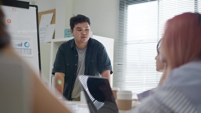 Group of young asian creative business brain storm meeting presentation,discussing roadmap to product launch, planning,strategy,new business development,working with new startup project in office.