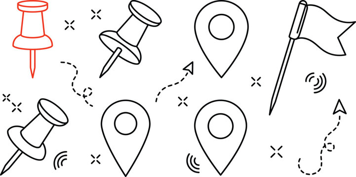 Map pin and navigation vector line art set featuring pushpins location pointers flag icons doodle sticker collection.