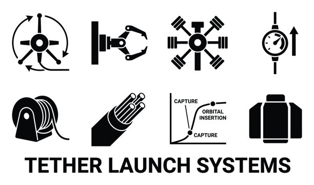 Tether launch systems icons including claw winch capture graph loudspeaker hot surface brightness.