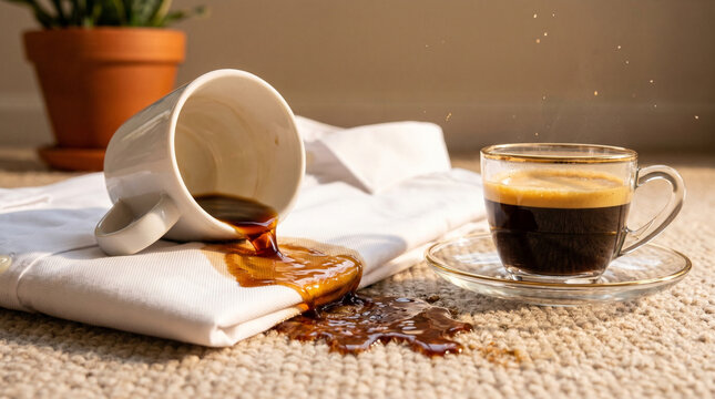 Close up view of dark coffee spilling from fallen white cup onto white cotton shirt lying on beige carpet with cup of espresso in foreground creating stain and household mess.