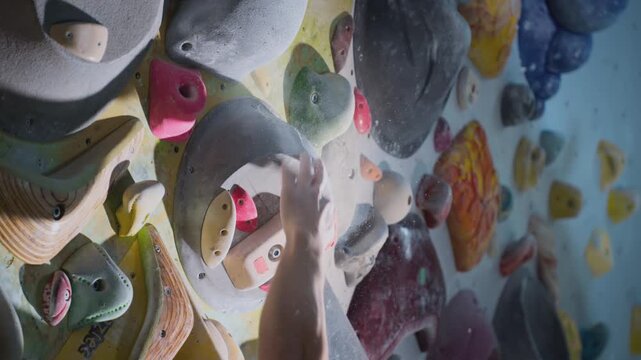 Extreme close-up, hand grabs the ledge, clings to the fingers. Breaks off the ledge, failure. Strong experienced athlete practices bouldering wall climbing inside a gym. Sports lifestyle. Slow motion