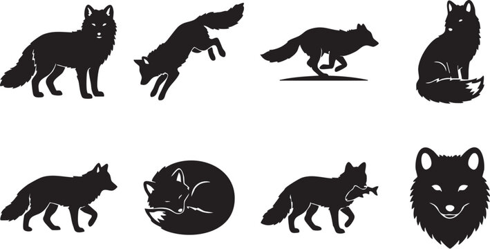 Black wolf icons, silhouette set, 8 animal symbols, vector graphics