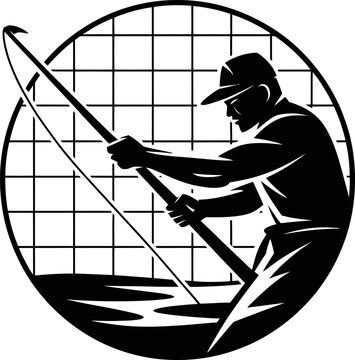 Black silhouette of man holding oar in circular grid pattern