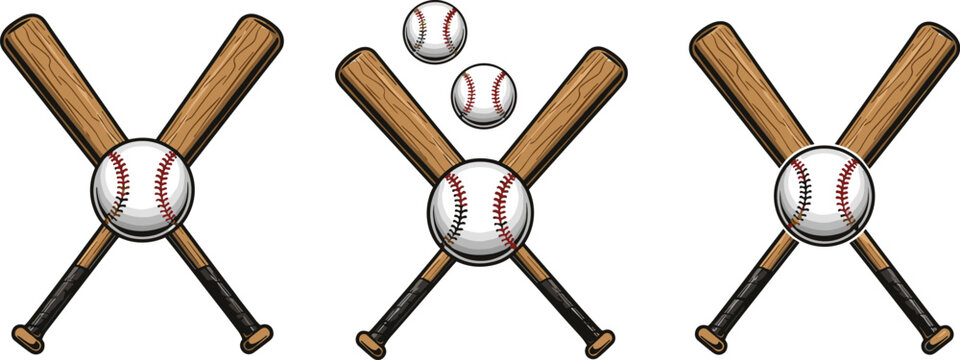 Vector illustration set of crossed baseball bats with centered baseballs in symmetrical sports emblem designs for branding