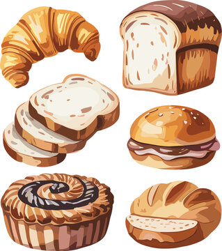Vector illustration of assorted bakery items including croissant, sliced bread, hamburger bun, pastry swirl, and bread roll in realistic food design