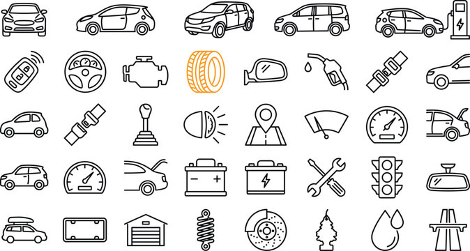Car service auto repair icon set vector illustration with vehicle battery tire engine wrench traffic light line art
