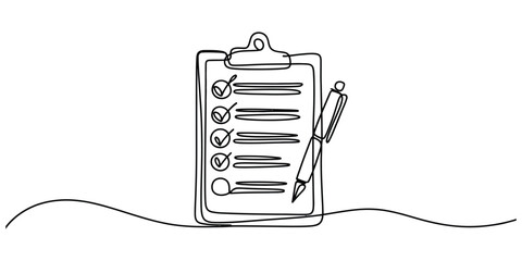 Continuous single line drawing of a clipboard with checklist and pen © Shuvo Mohonto