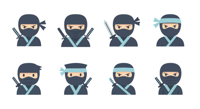 Cartoon Samurai Warriors Set - Cute Ninjutsu Character Illustrations for Martial Arts Design and Gaming Projects