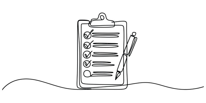 Continuous single line drawing of a clipboard with checklist and pen