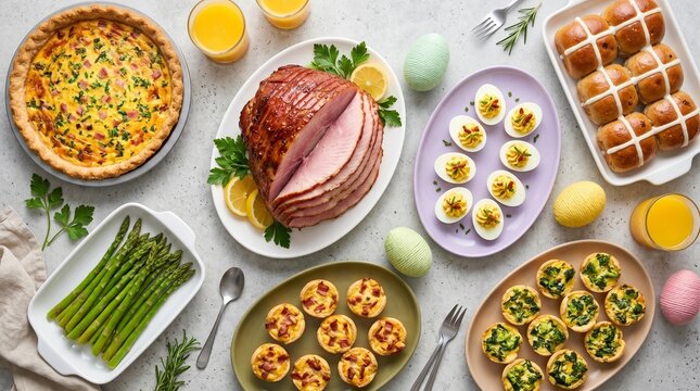 Easter brunch feast with glazed ham, deviled eggs and quiche, traditional spring holiday dinner table, festive family meal with hot cross buns