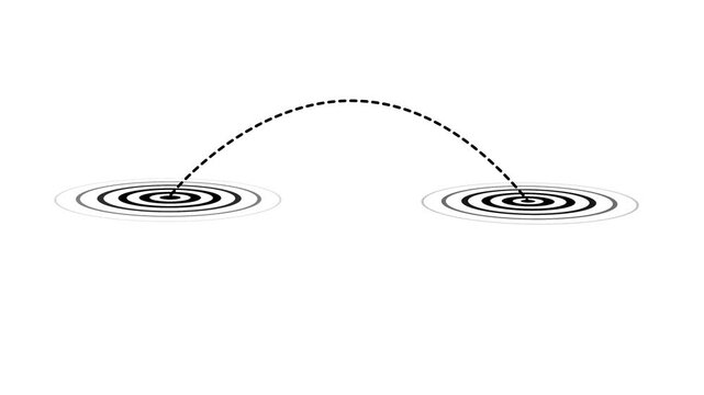 Two concentric circles with a dashed line connecting them on a white background Keywords: connection, communication, network, data transfer, signal, wave, ripple, concentric, circle, dashed line