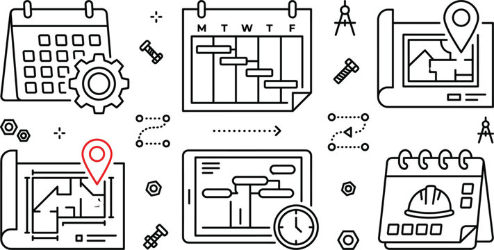 Construction project management and architecture timeline line icon set featuring blueprint calendar gantt chart and scheduling software elements