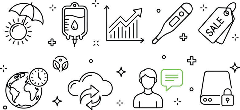 Corporate business and medical vector icon set featuring cloud storage growth chart sun sale tag thermometer security elements
