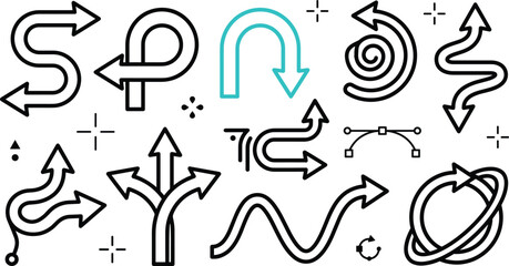 Curved arrow icon set vector illustration with spiral loop wave u turn intersection pathway direction line art stickers © Hafizul