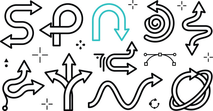 Curved arrow icon set vector illustration with spiral loop wave u turn intersection pathway direction line art stickers