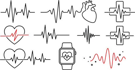 Obraz premium Heartbeat pulse rate medical icon set with ecg cardiogram wave smart watch cross health linear vector outline elements